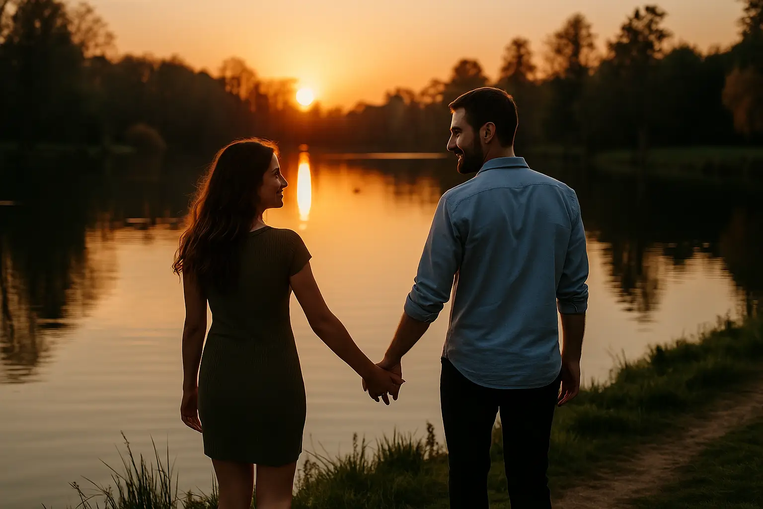 Couple main dans la main au bord du lac de Forges-les-Eaux au coucher de soleil, atmosphère romantique et paisible en Normandie.