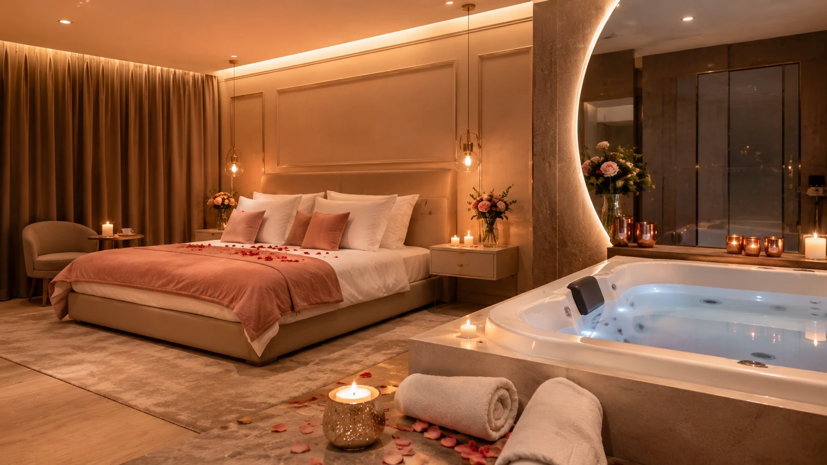 love-room-jacuzzi-privatif-details-verifier-avant-reserver Ambiance romantique premium en Normandie illustrant love room avec jacuzzi privatif sans texte ni logo