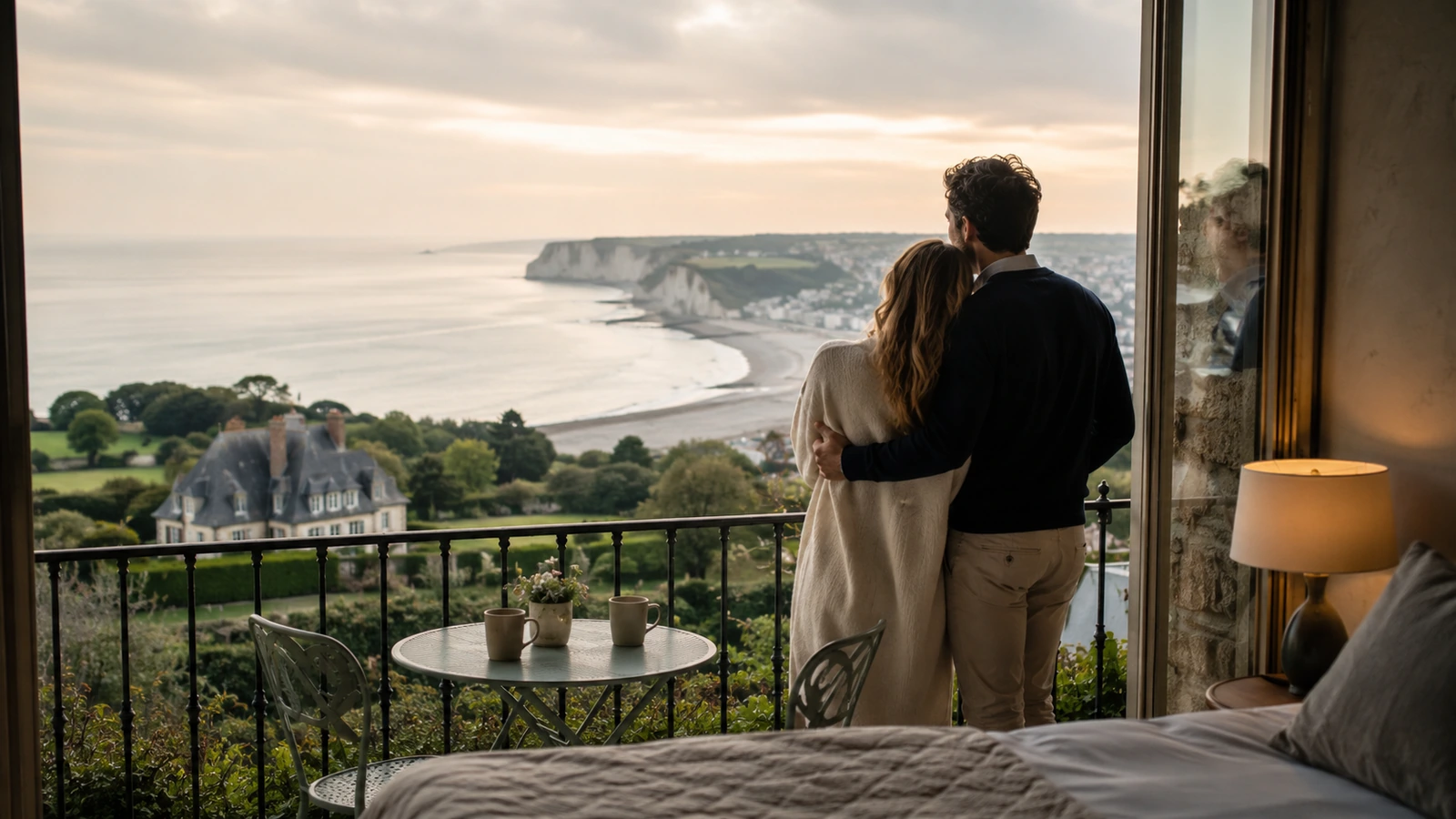 Couple observant la côte normande pour un séjour romantique près de Dieppe