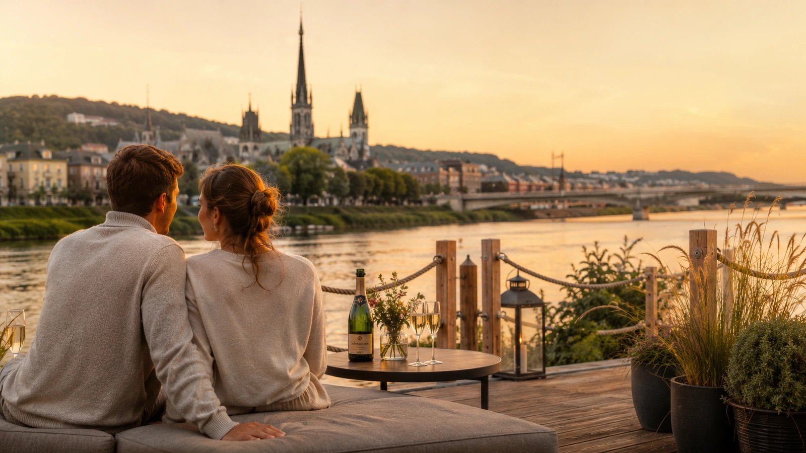 Couple profitant d’un moment au bord de l’eau pour un week-end en amoureux près de Rouen