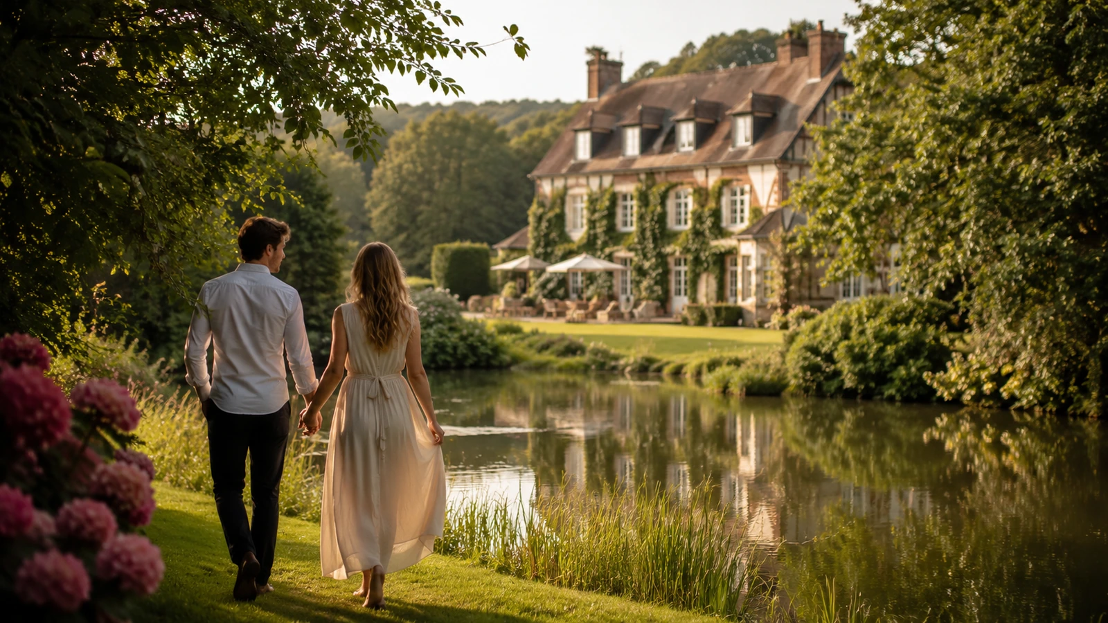 week-end-romantique-forges-les-eaux Couple en promenade dans un jardin normand pour un week-end romantique à Forges-les-Eaux