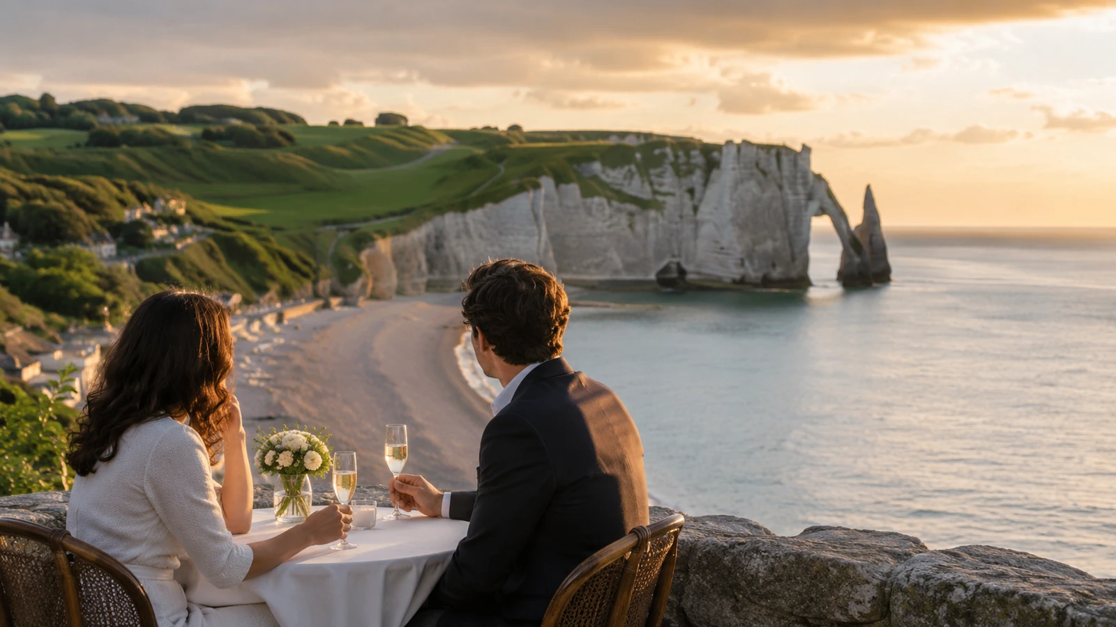 Couple devant les falaises normandes pour un week-end romantique près d’Étretat