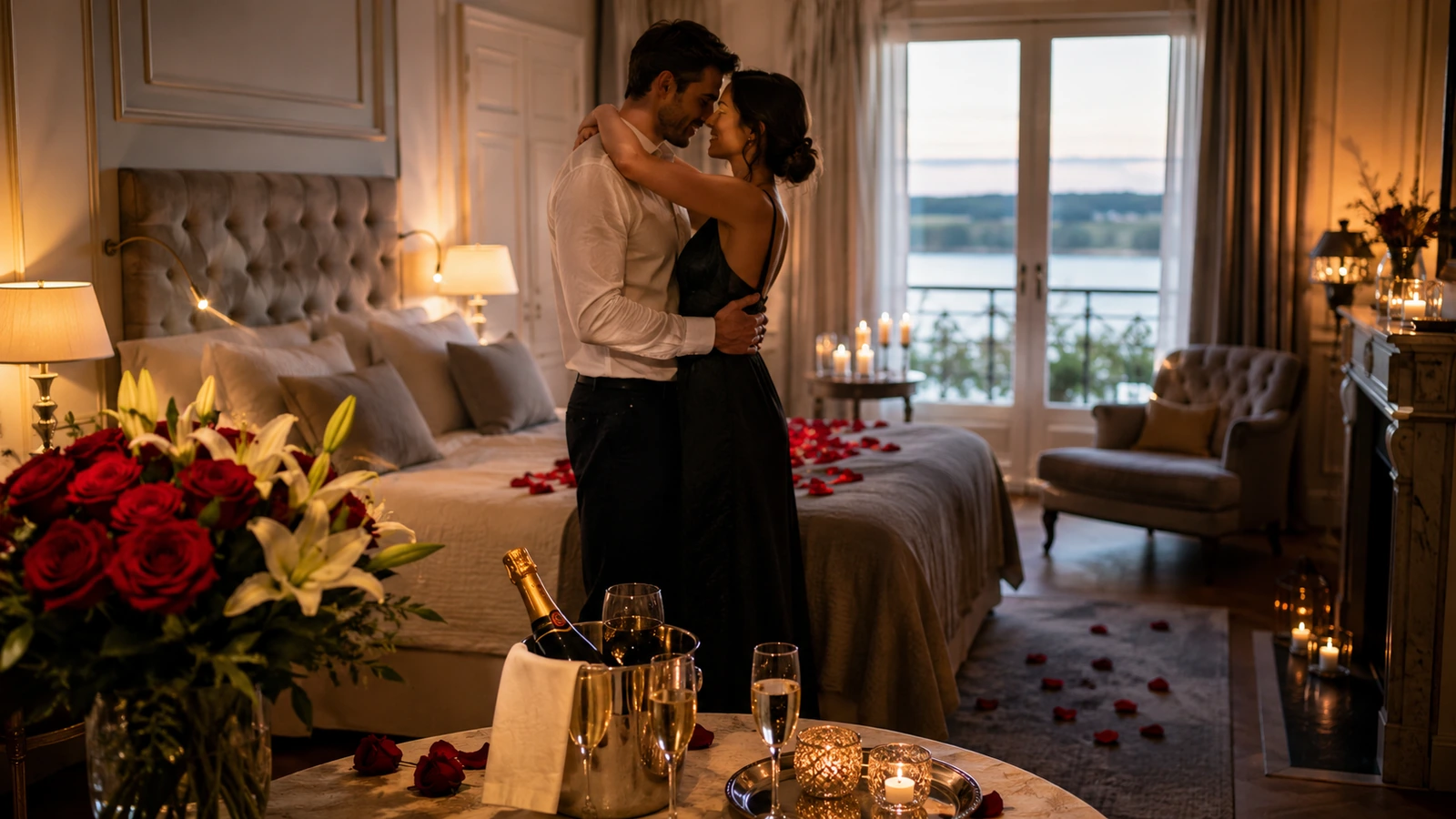 Suite élégante préparée pour un anniversaire de couple en Normandie avec champagne