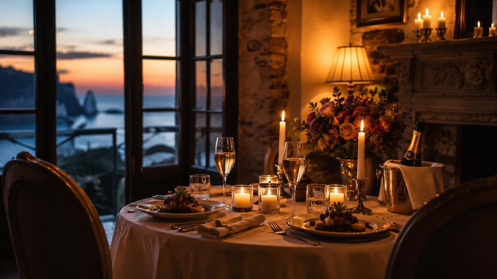 diner-romantique-normandie-soiree-a-deux Table dressée aux chandelles avec champagne pour un dîner romantique en Normandie au coucher du soleil