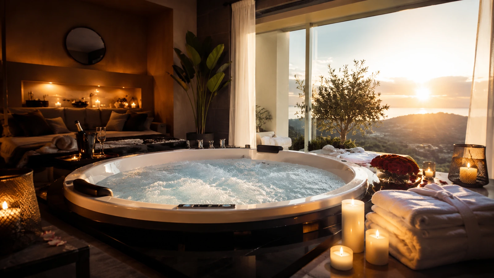 jacuzzi-privatif-soir-ou-matin Jacuzzi privatif dans une suite romantique entre lumière du matin, bougies et vue sur le paysage