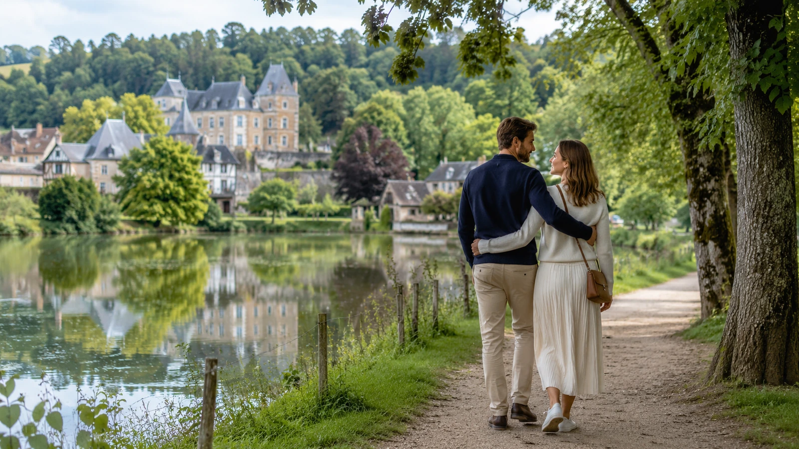Couple en promenade romantique au bord d’un lac près de Forges-les-Eaux dans le Pays de Bray