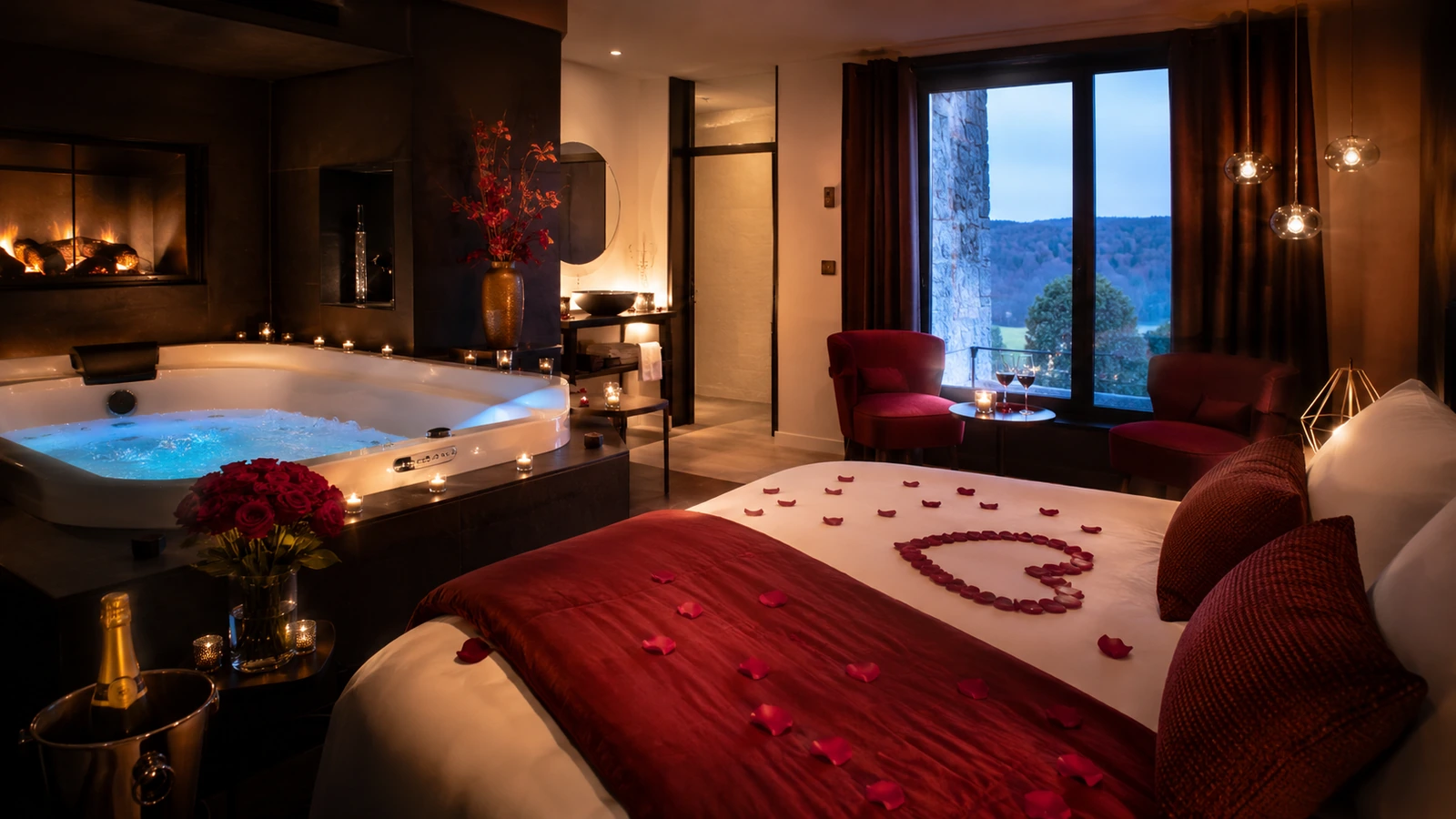 Love room avec jacuzzi privatif préparée pour la Saint-Valentin en Normandie
