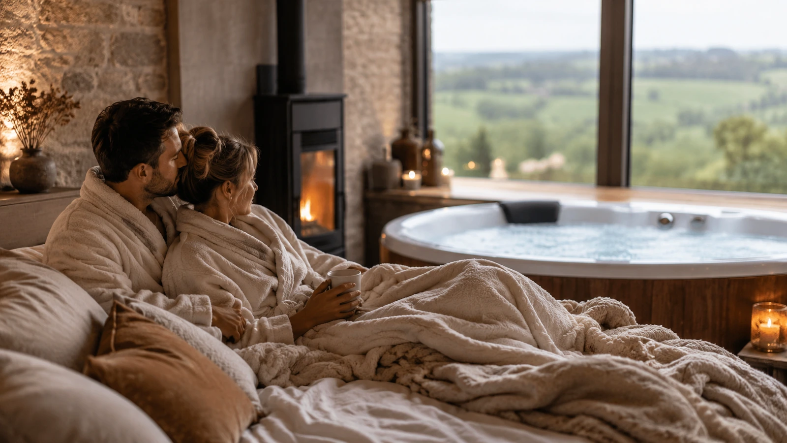 Couple en peignoir profitant d’un séjour cocooning en Normandie avec jacuzzi privatif