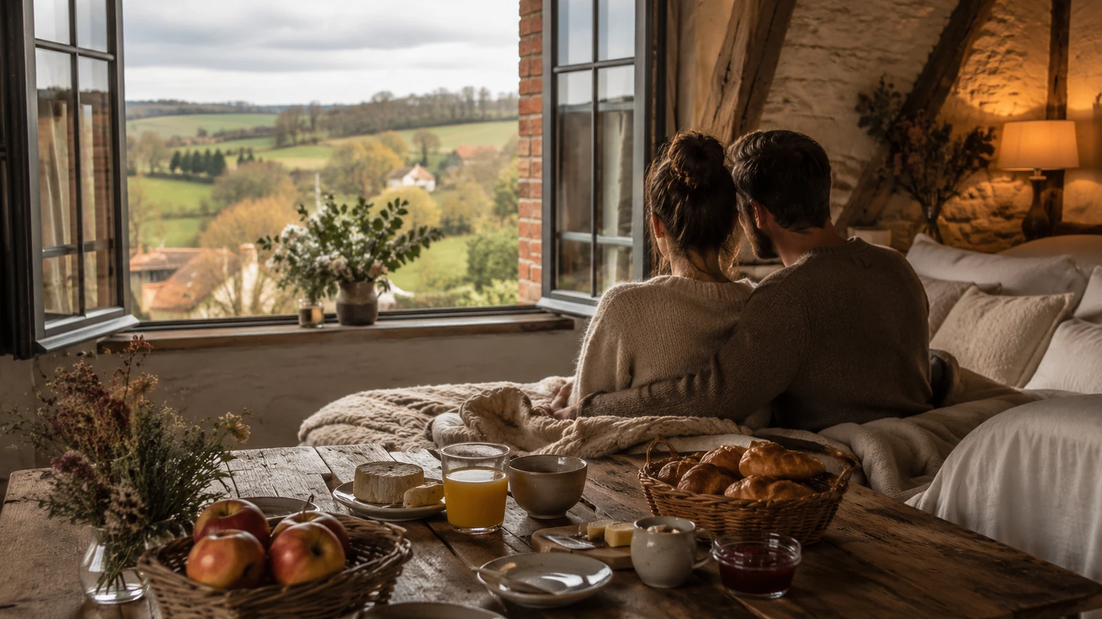 Couple en chambre cosy devant un petit-déjeuner normand avec vue sur la campagne près de Neufchâtel-en-Bray