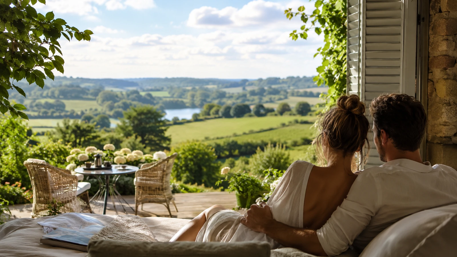 Couple installé dans une chambre ouverte sur une terrasse calme avec vue sur la campagne normande en été