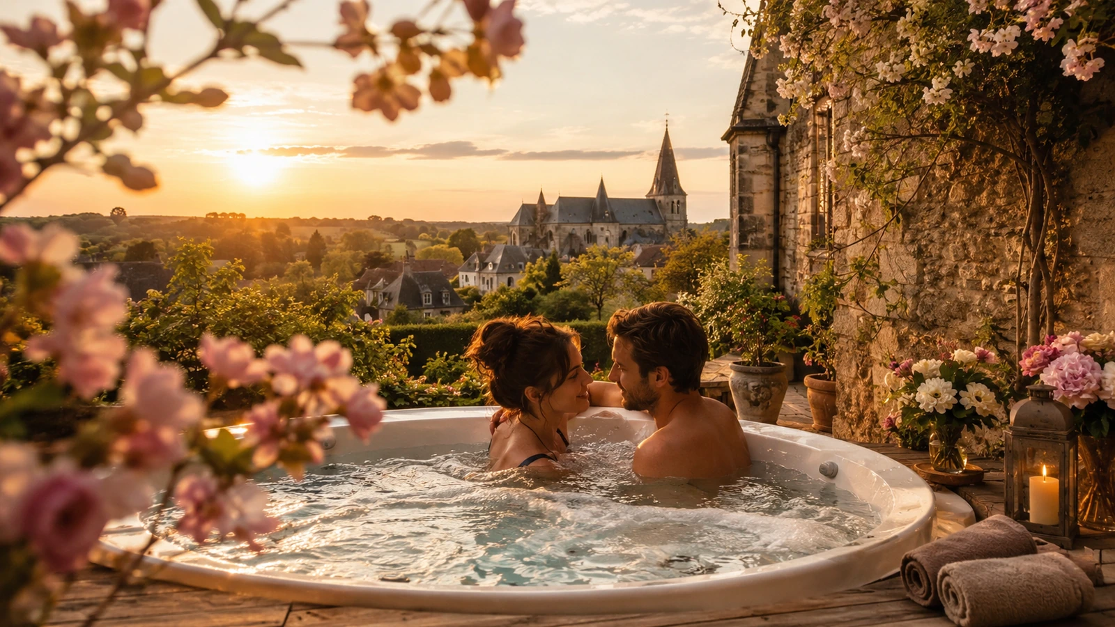 Couple dans un jacuzzi entouré de fleurs au printemps avec vue sur la campagne normande