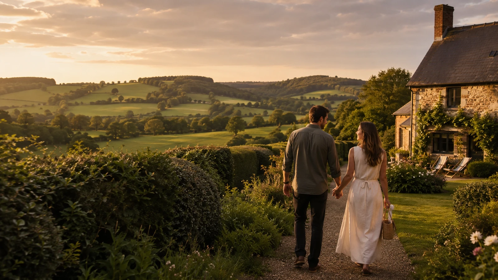 Couple marchant main dans la main dans la campagne du Pays de Bray au coucher du soleil