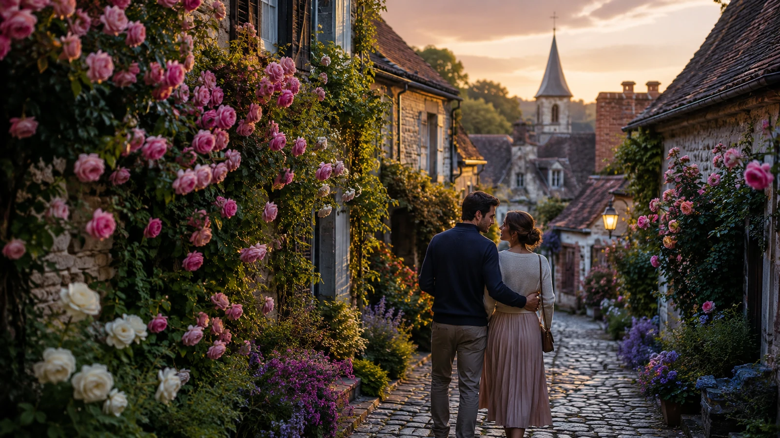 Couple marchant dans une ruelle fleurie près de Gerberoy au coucher du soleil