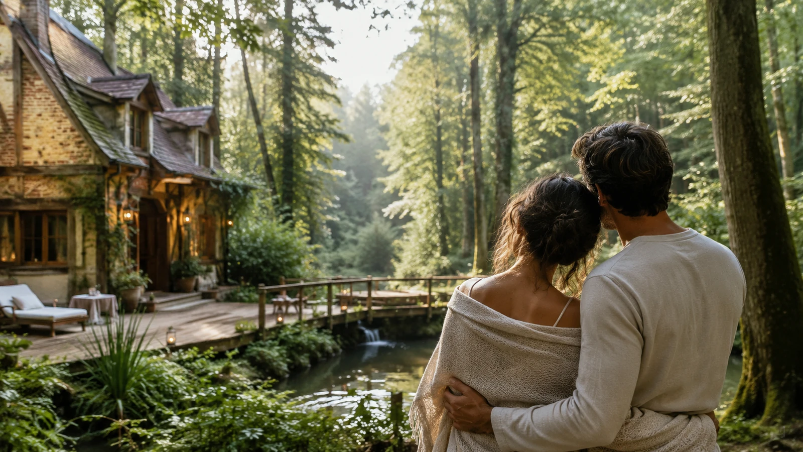 Couple enlacé devant un cottage romantique au bord de la forêt près de Lyons-la-Forêt